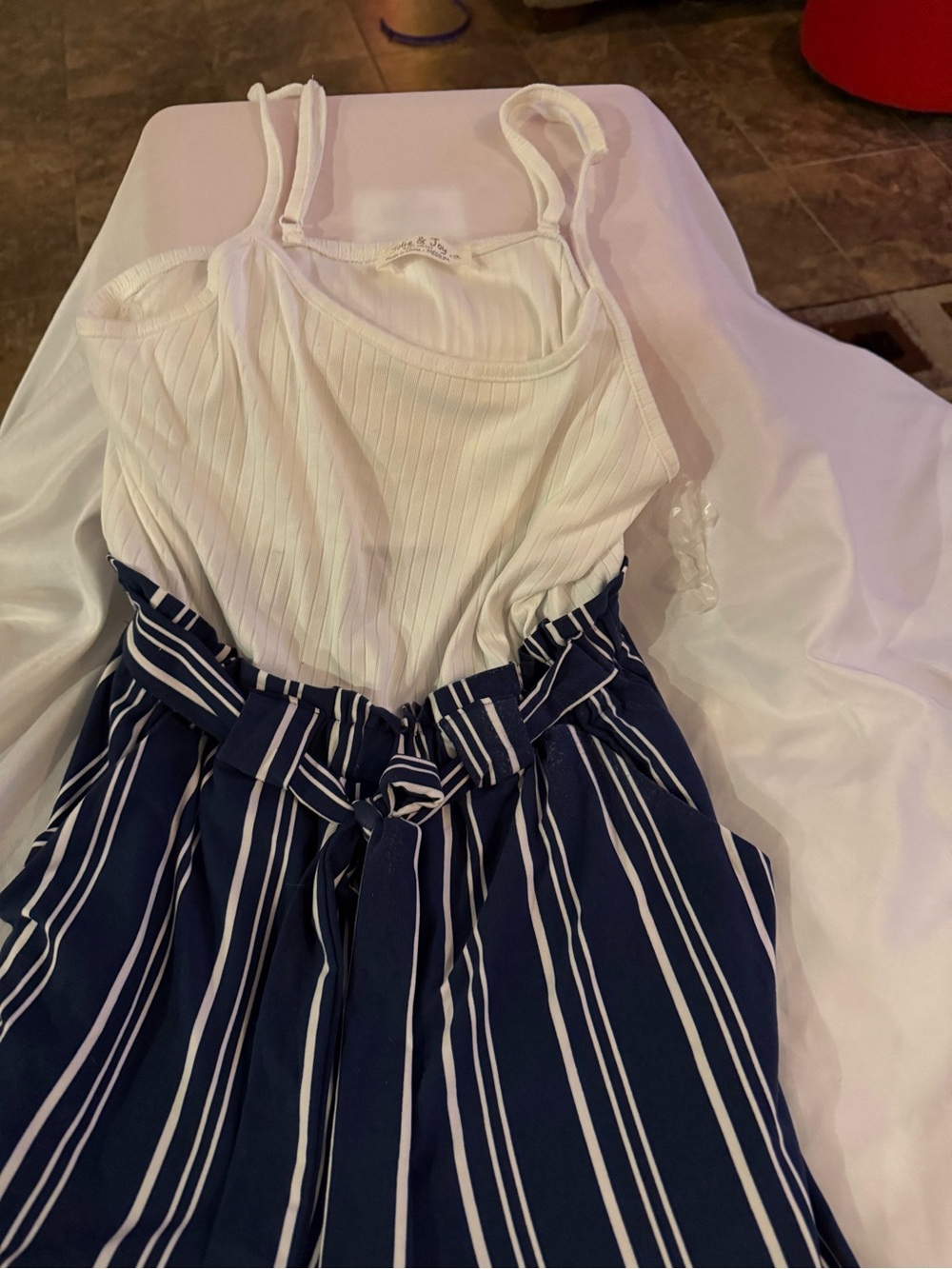 Jolie and Joy White Ribbed Tank Top with Navy & White Striped Paperbag Jumpsuit